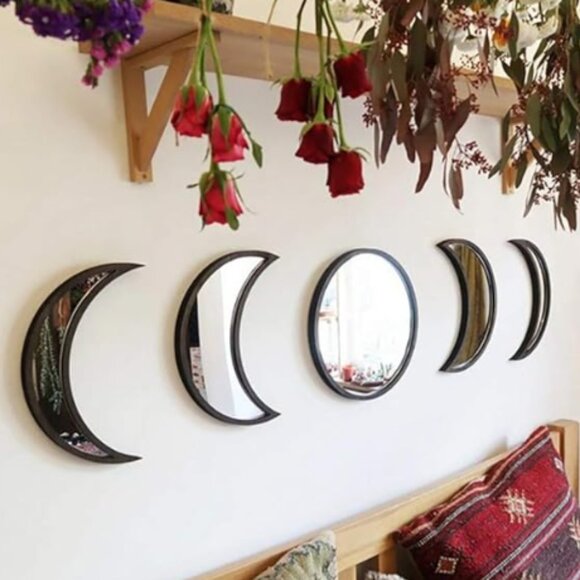 5 Pieces Wooden Moon Phase Mirror - Black - Picture 1 of 4